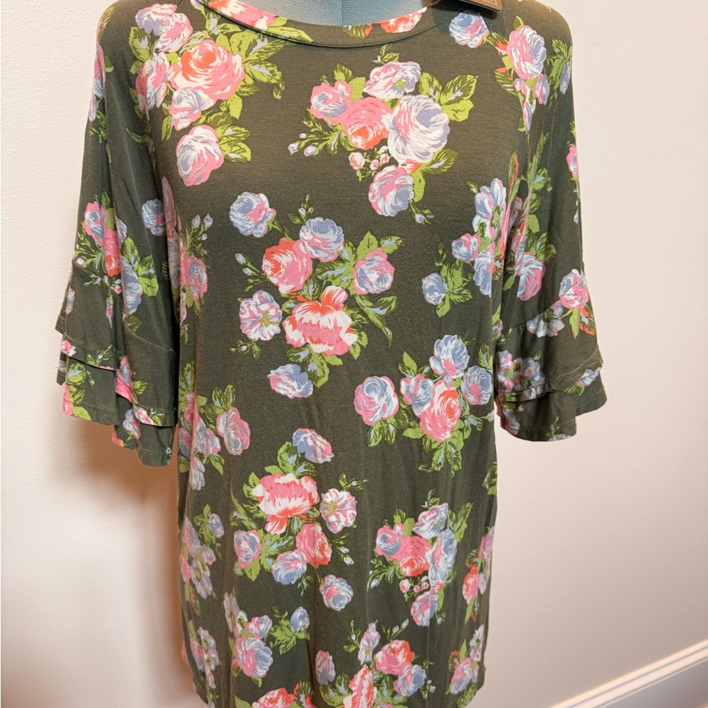 Matilda Jane Olive Tunic with Pink and Blue Floral Print S